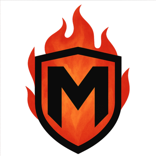 “MrManhood shield logo with stylized flames and bold M”